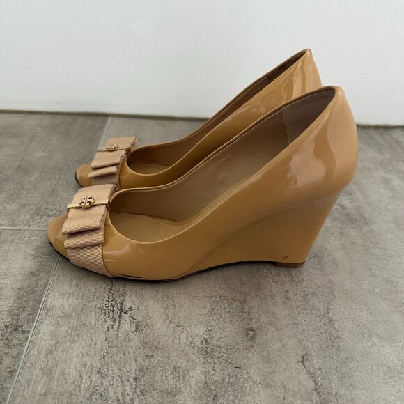 Tory Burch Trudy Peep Toe Patent Leather Wedge Size 7 - Picture 5 of 15